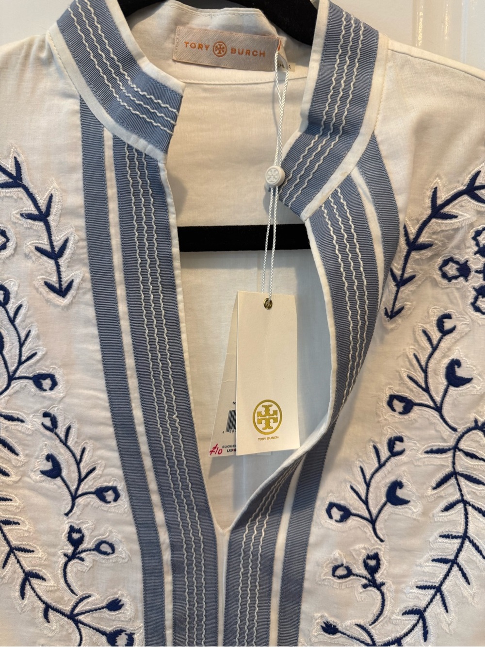 Brand New Tory Burch White Tunic with Navy Embroidery and Blue Trim - Picture 2 of 6